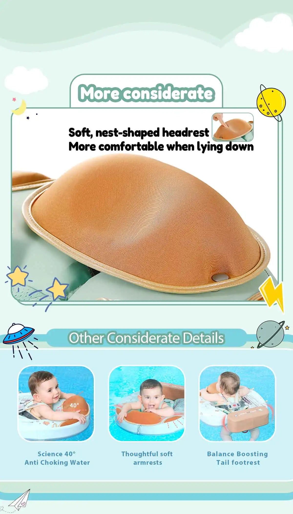 Mambobaby Baby Foldable Float Inflatable Free with Sun Canopy Safe Crotch Strap Pool Swim Ring Swim Tube Children's Sea Wheel