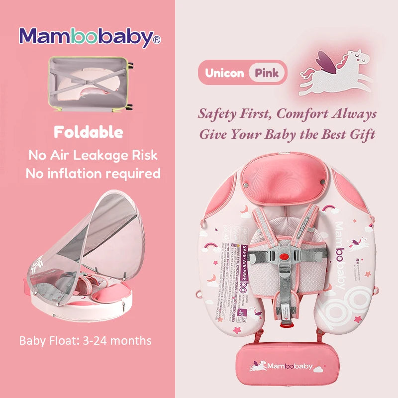 Mambobaby Baby Foldable Float Inflatable Free with Sun Canopy Safe Crotch Strap Pool Swim Ring Swim Tube Children's Sea Wheel