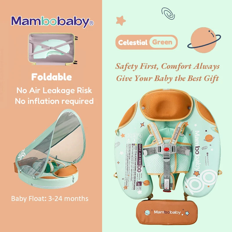 Mambobaby Baby Foldable Float Inflatable Free with Sun Canopy Safe Crotch Strap Pool Swim Ring Swim Tube Children's Sea Wheel