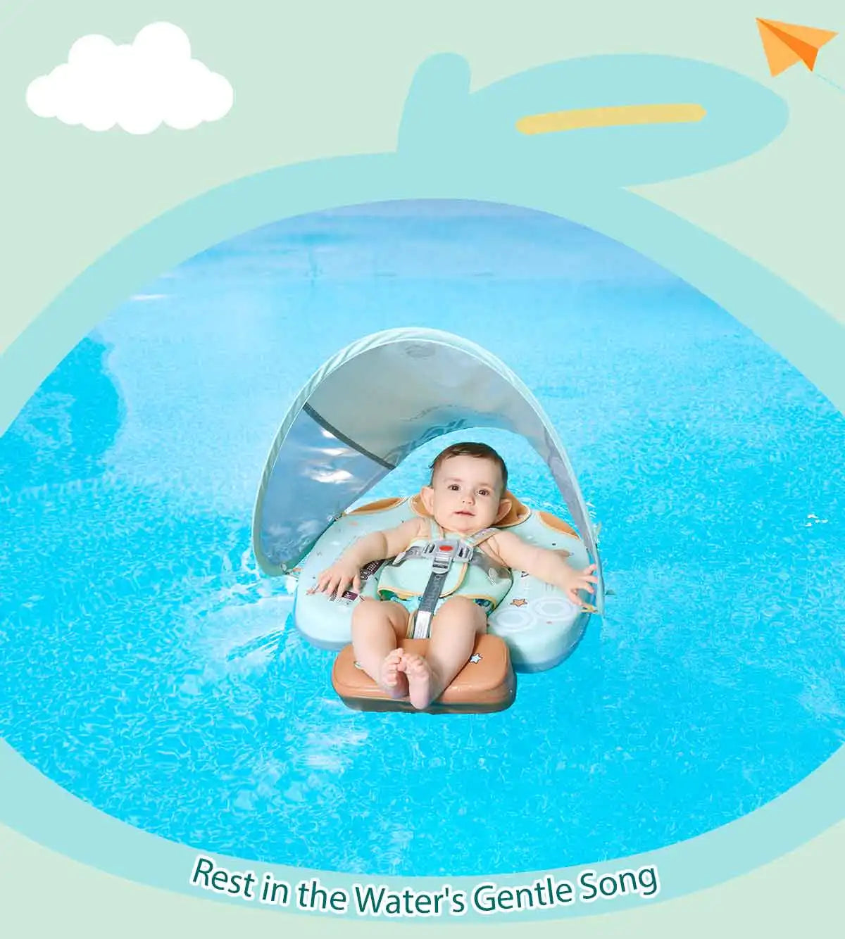 Mambobaby Baby Foldable Float Inflatable Free with Sun Canopy Safe Crotch Strap Pool Swim Ring Swim Tube Children's Sea Wheel