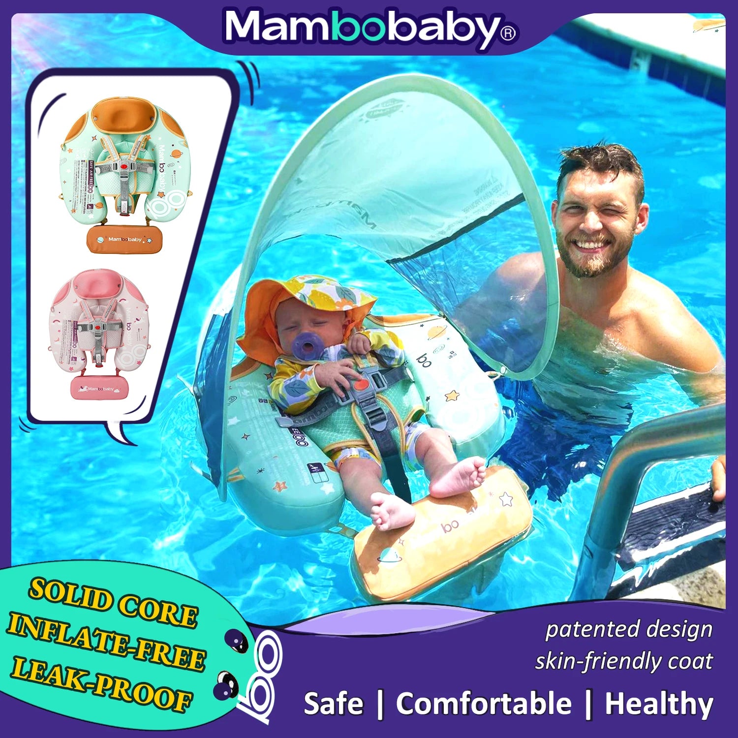 Mambobaby Baby Foldable Float Inflatable Free with Sun Canopy Safe Crotch Strap Pool Swim Ring Swim Tube Children's Sea Wheel