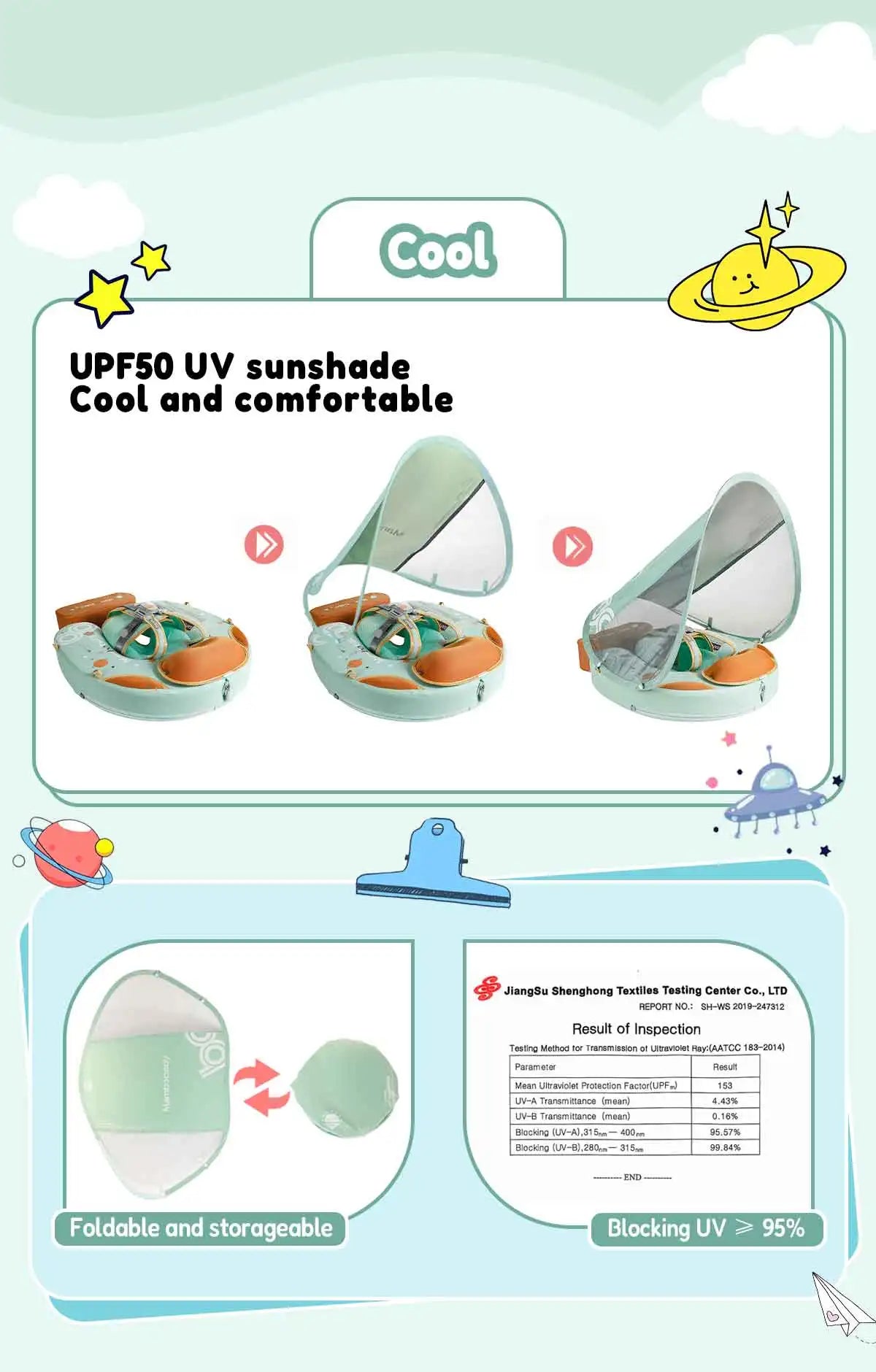 Mambobaby Baby Foldable Float Inflatable Free with Sun Canopy Safe Crotch Strap Pool Swim Ring Swim Tube Children's Sea Wheel
