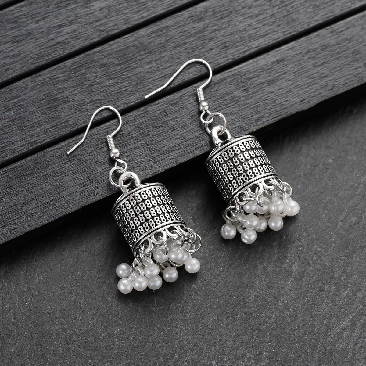 Retro Ethnic Silver Color Turkish Jhumka Earrings For Women Pendientes Pearl Tassel Classic Carved Indian Earrings Jewelry
