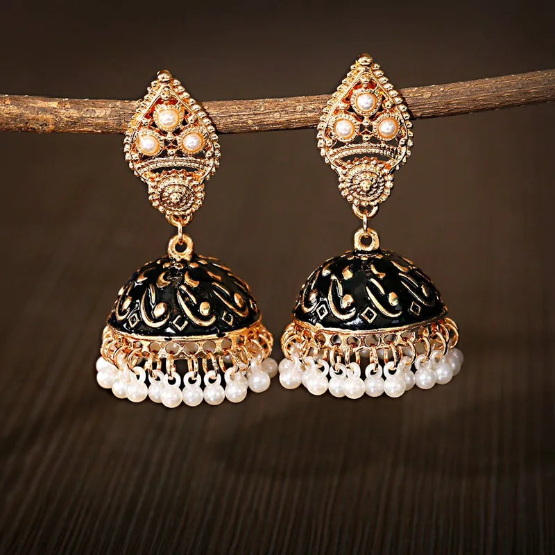 Ethnic Retro Geometric Turkish Jhumka Earrings For Women Indian Jewelry Flower Gold Color Bell Tassel Dangling Earrings
