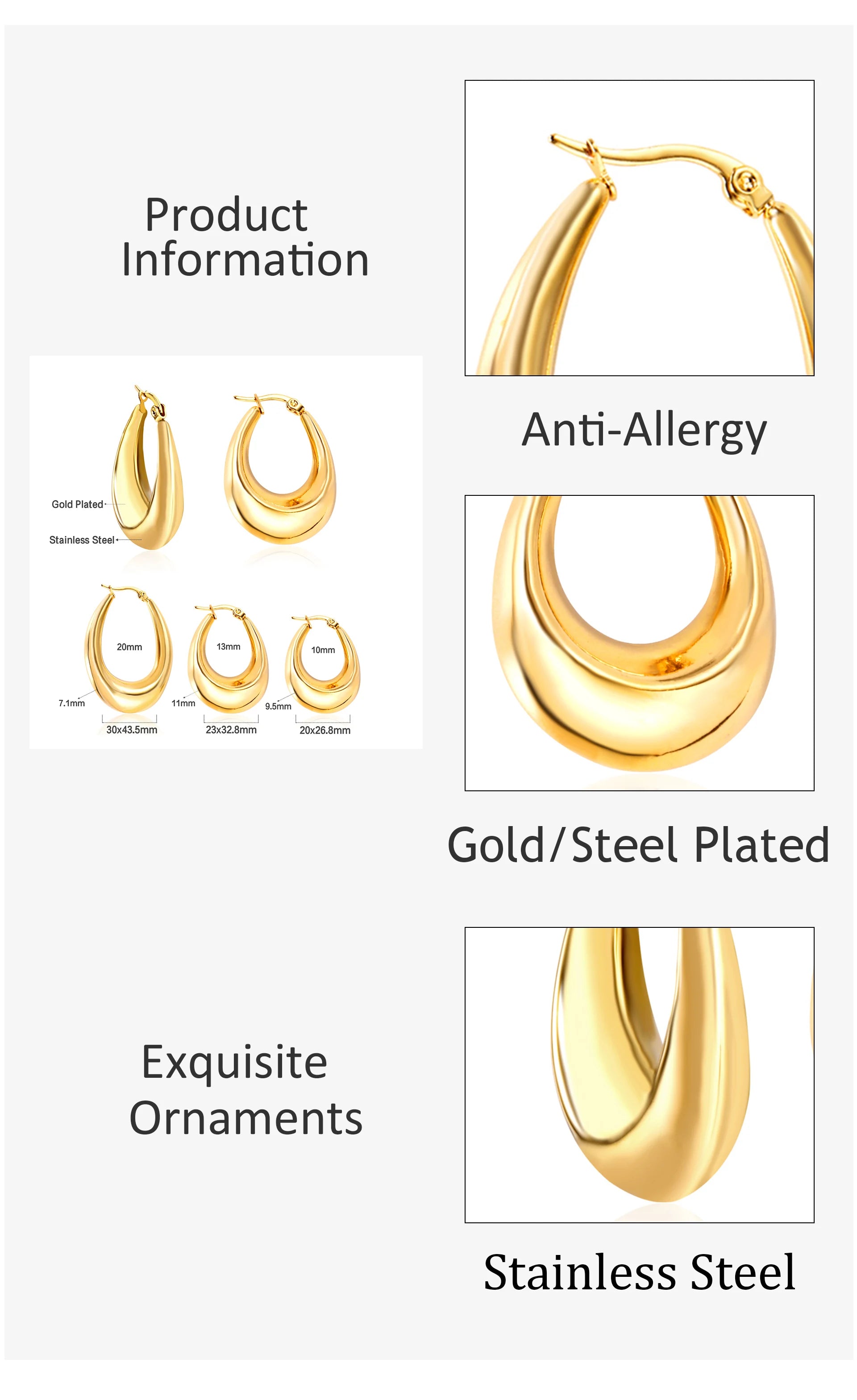 LUXUSTEEL Gothic Gold Color Oval Hoop Earrings For Women Stainless Steel Ear Jewelry Accessories Brinco Party Gift 10mm 13mm 20m