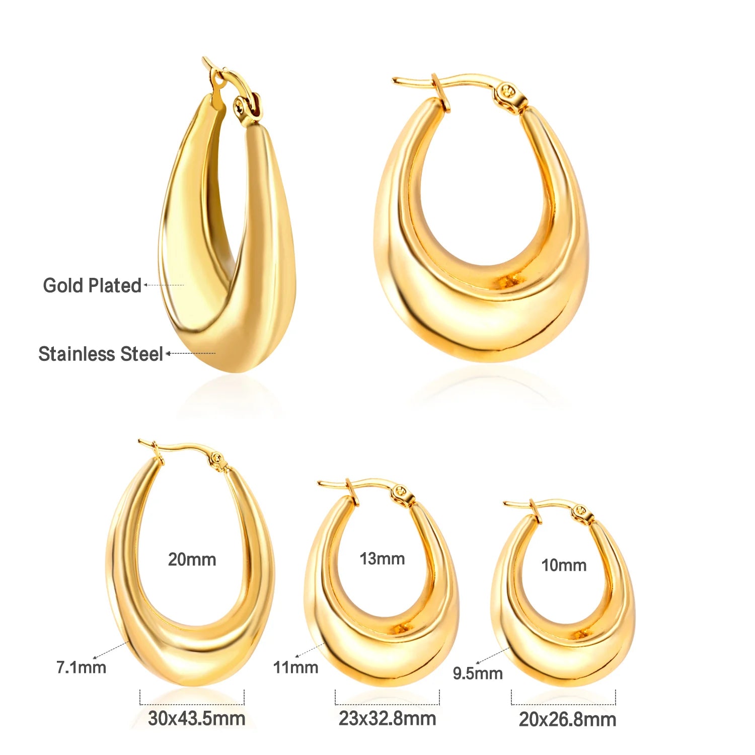 LUXUSTEEL Gothic Gold Color Oval Hoop Earrings For Women Stainless Steel Ear Jewelry Accessories Brinco Party Gift 10mm 13mm 20m