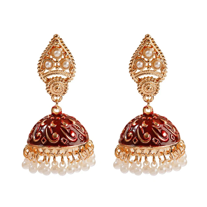 Ethnic Retro Geometric Turkish Jhumka Earrings For Women Indian Jewelry Flower Gold Color Bell Tassel Dangling Earrings