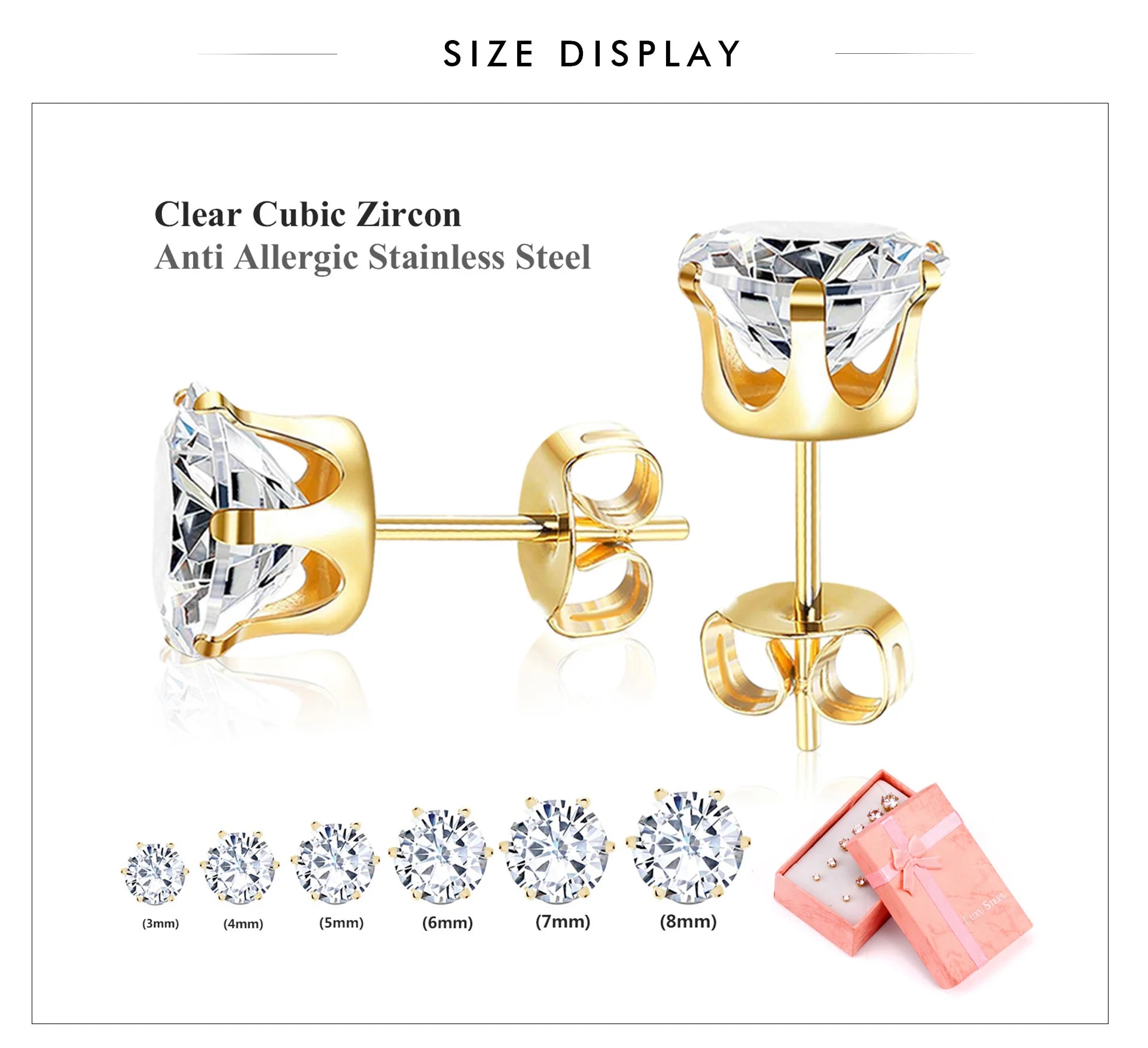LUXUSTEEL 6Pairs/Set CZ Stud Earrings Stainless Steel Round White Cubic Zirconia Hypoallergenic 6 Claws Earring Trendy Jewelry