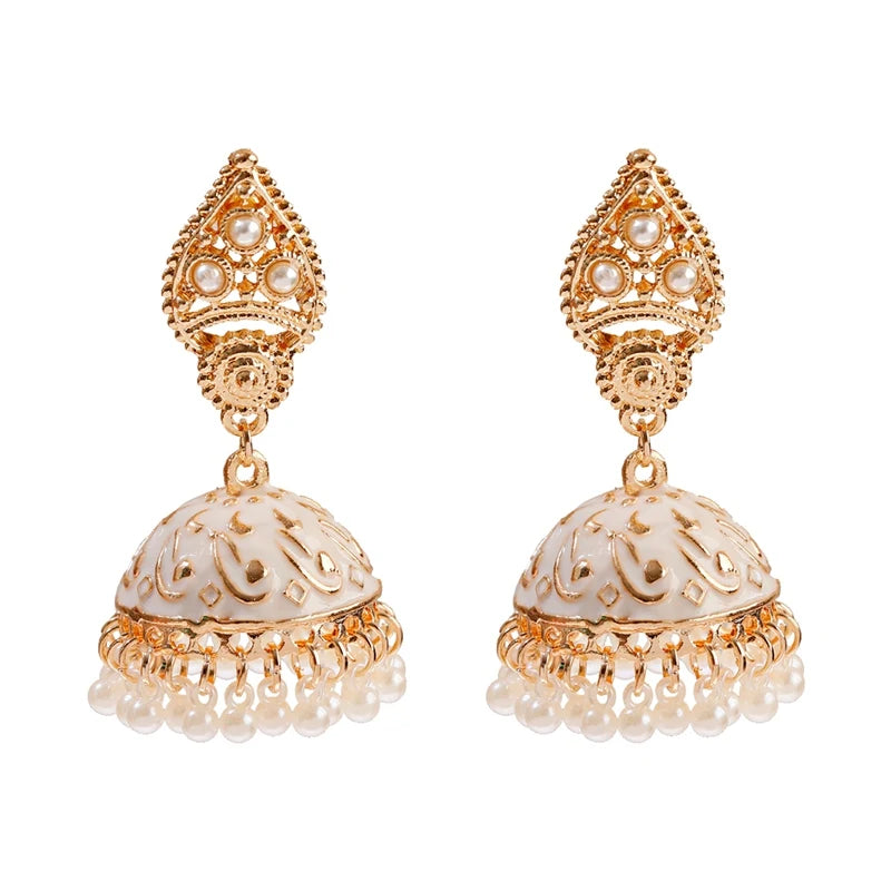 Ethnic Retro Geometric Turkish Jhumka Earrings For Women Indian Jewelry Flower Gold Color Bell Tassel Dangling Earrings
