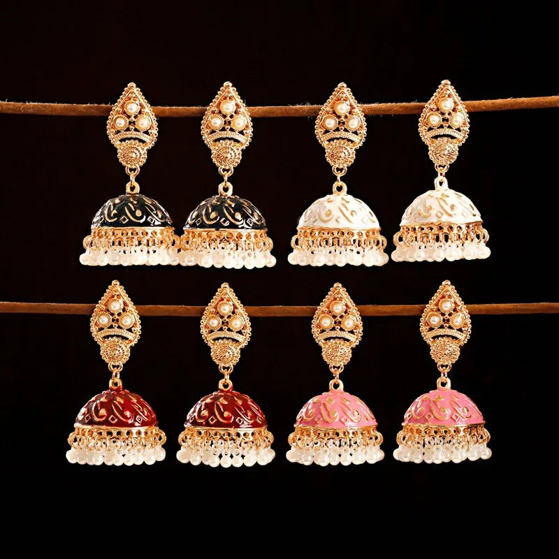 Ethnic Retro Geometric Turkish Jhumka Earrings For Women Indian Jewelry Flower Gold Color Bell Tassel Dangling Earrings