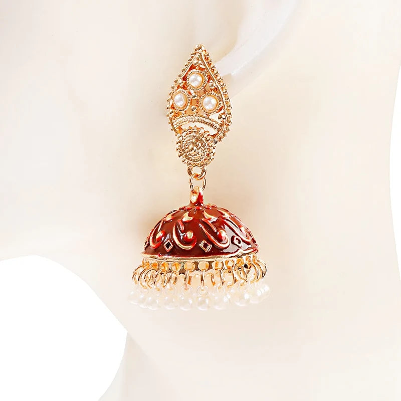 Ethnic Retro Geometric Turkish Jhumka Earrings For Women Indian Jewelry Flower Gold Color Bell Tassel Dangling Earrings