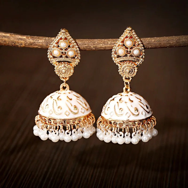 Ethnic Retro Geometric Turkish Jhumka Earrings For Women Indian Jewelry Flower Gold Color Bell Tassel Dangling Earrings