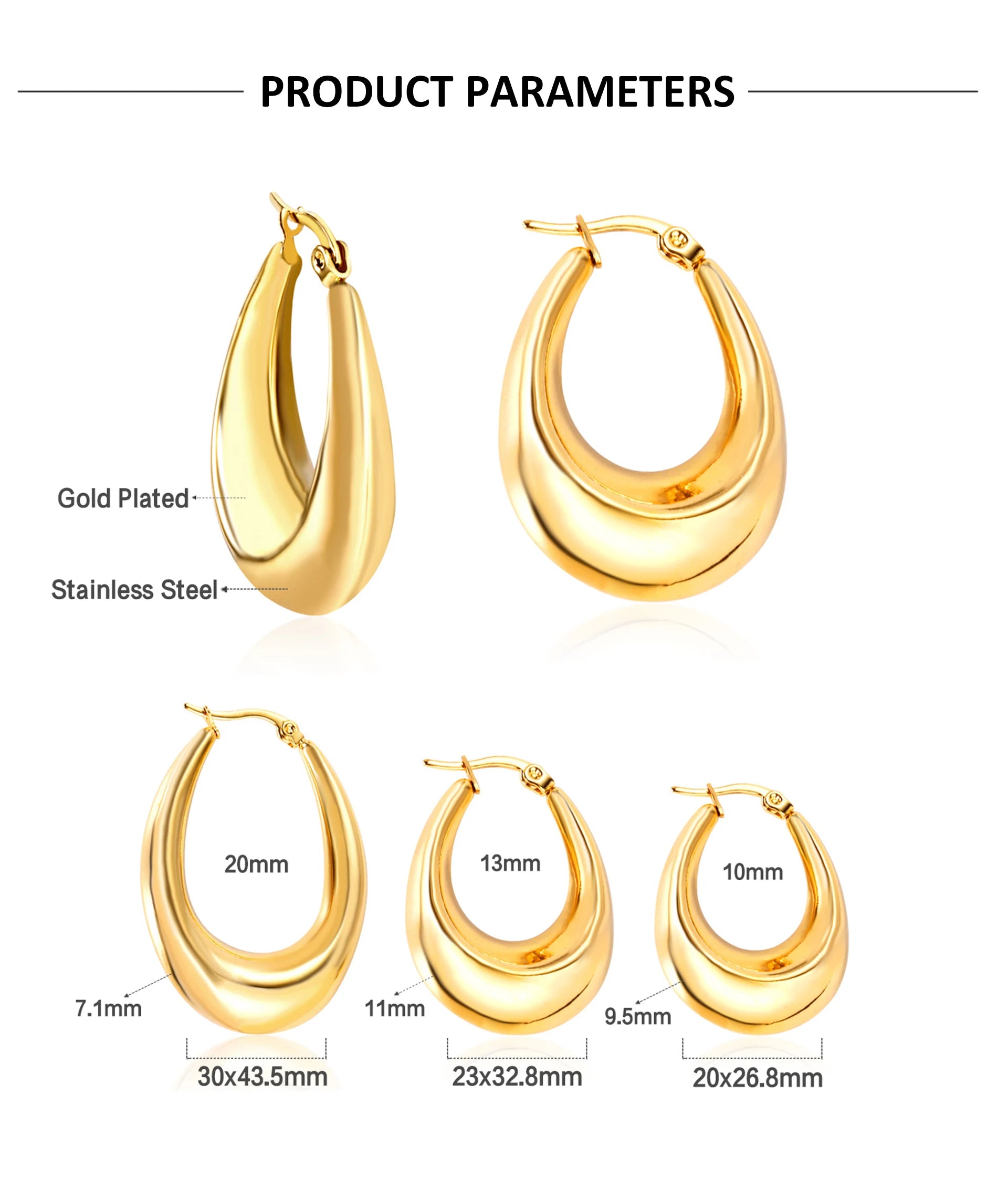 LUXUSTEEL Gothic Gold Color Oval Hoop Earrings For Women Stainless Steel Ear Jewelry Accessories Brinco Party Gift 10mm 13mm 20m