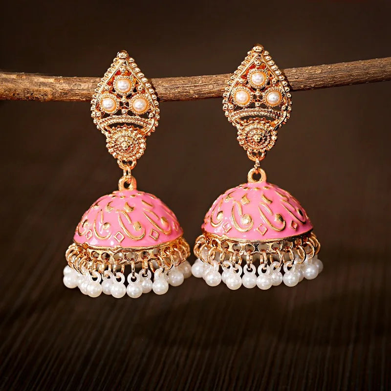 Ethnic Retro Geometric Turkish Jhumka Earrings For Women Indian Jewelry Flower Gold Color Bell Tassel Dangling Earrings