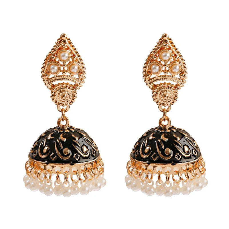 Ethnic Retro Geometric Turkish Jhumka Earrings For Women Indian Jewelry Flower Gold Color Bell Tassel Dangling Earrings