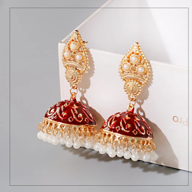 Ethnic Retro Geometric Turkish Jhumka Earrings For Women Indian Jewelry Flower Gold Color Bell Tassel Dangling Earrings