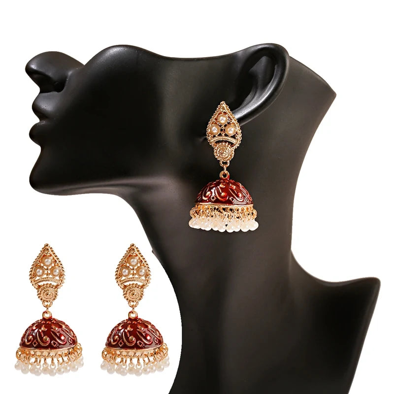 Ethnic Retro Geometric Turkish Jhumka Earrings For Women Indian Jewelry Flower Gold Color Bell Tassel Dangling Earrings