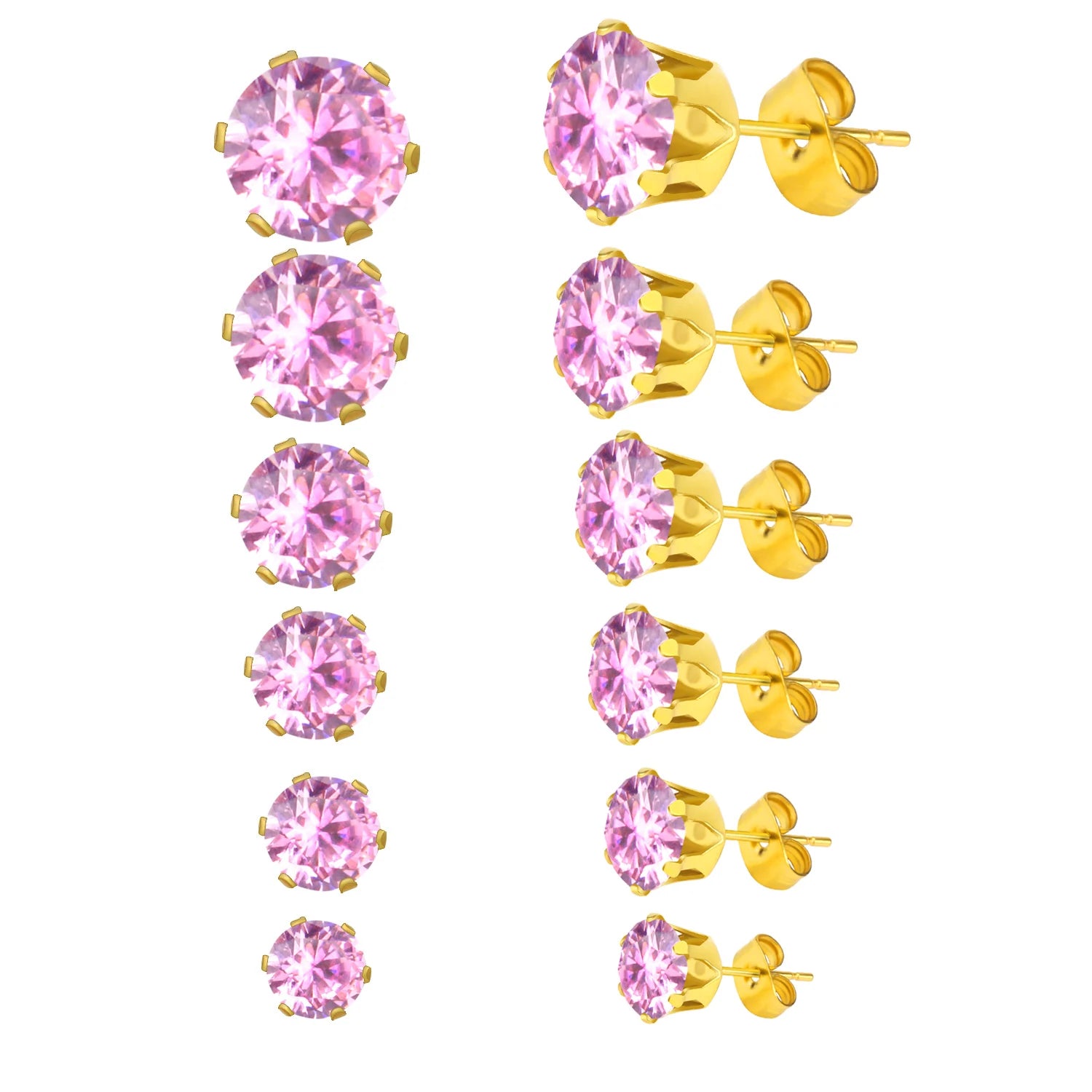 LUXUSTEEL 6Pairs/Set CZ Stud Earrings Stainless Steel Round White Cubic Zirconia Hypoallergenic 6 Claws Earring Trendy Jewelry