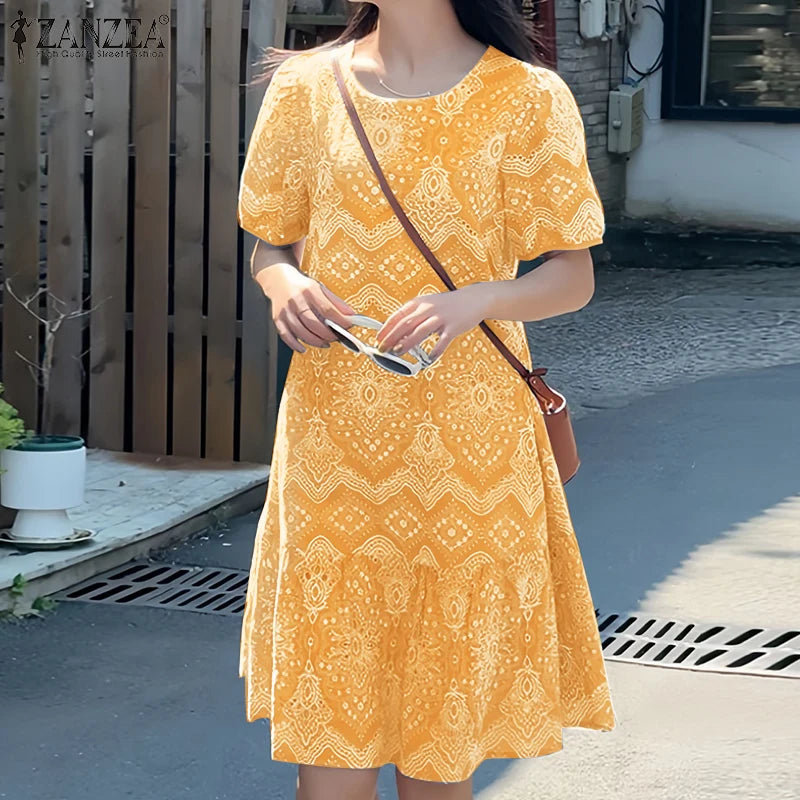 ZANZEA Womens Vintage Ethnic Printing Knee-Length Dresses Summer Casual O-Neck Puff Sleeve Ruffled Hem Robes Vacation Dress