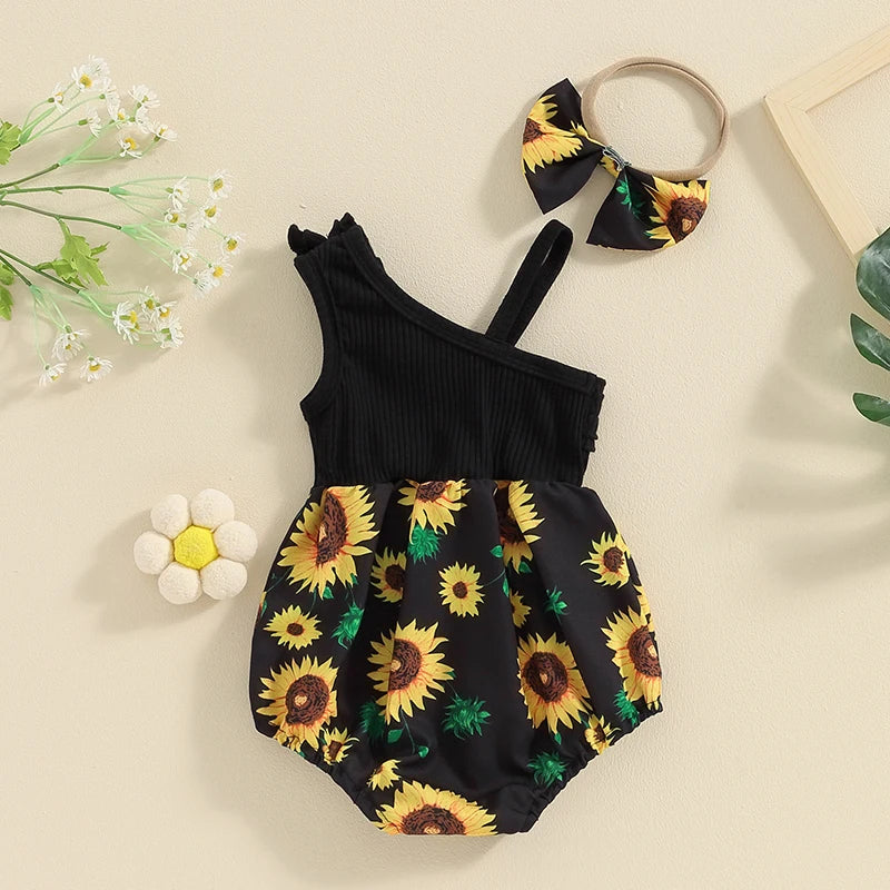Pudcoco Baby Girl 2 Piece Outfits Sunflower Print Asymmetrical Sleeveless Romper Headband Set Cute Fashion Summer Clothes 0-12M
