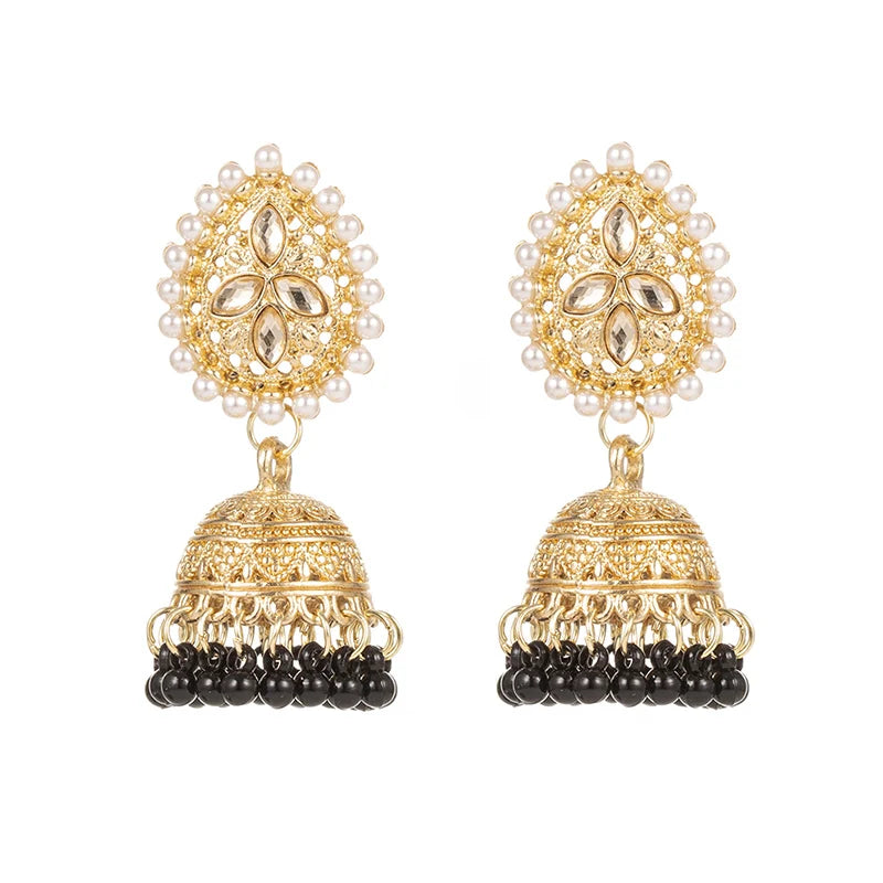 Vintage Waterdrop Design Inlaid Pearl Rhinestone Indian Earrings for Women Ethnic Boho Carved Small Bell Earrings Jhumka Jewelry