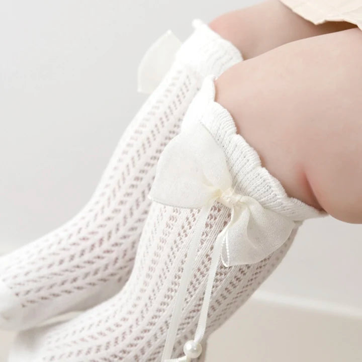 Summer Ultra-thin Mesh Socks Baby Girl Mosquito Resistant Knee Sock Cute Newborn Pink Bow Hollow Cotton Baby Clothes New Born