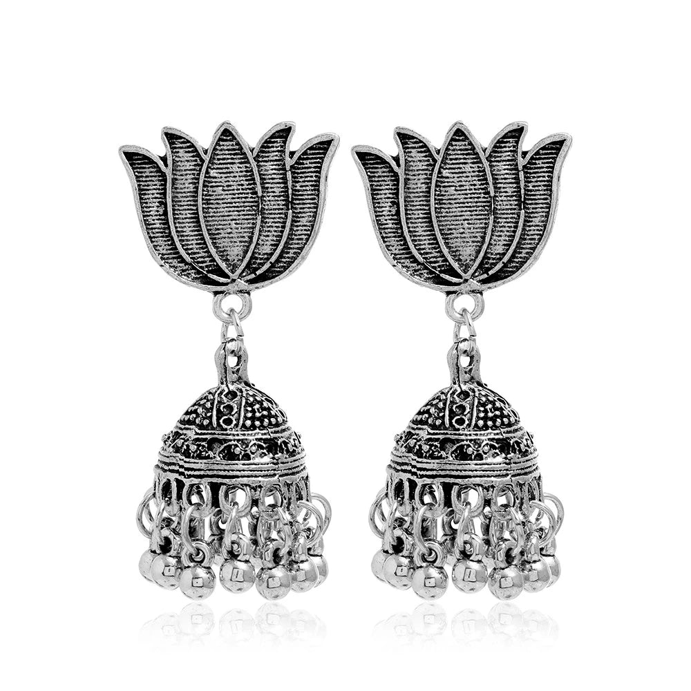 Indian Ethnic Style Boho Vintage Antique Alloy Carved Bell Tassels Drop Earrings Jhumki Jewelry For Women Party Accessories