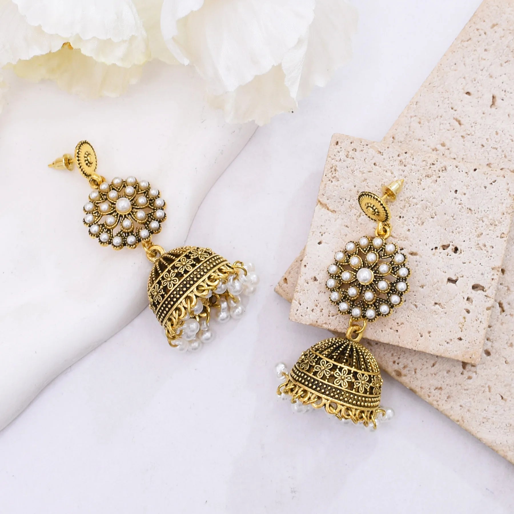 Traditional Indian Jhumka Earrings for Women Vintage Golden Silvery Bell Peacock Pearl Beads Pendant Earrings Turkish Jewelry