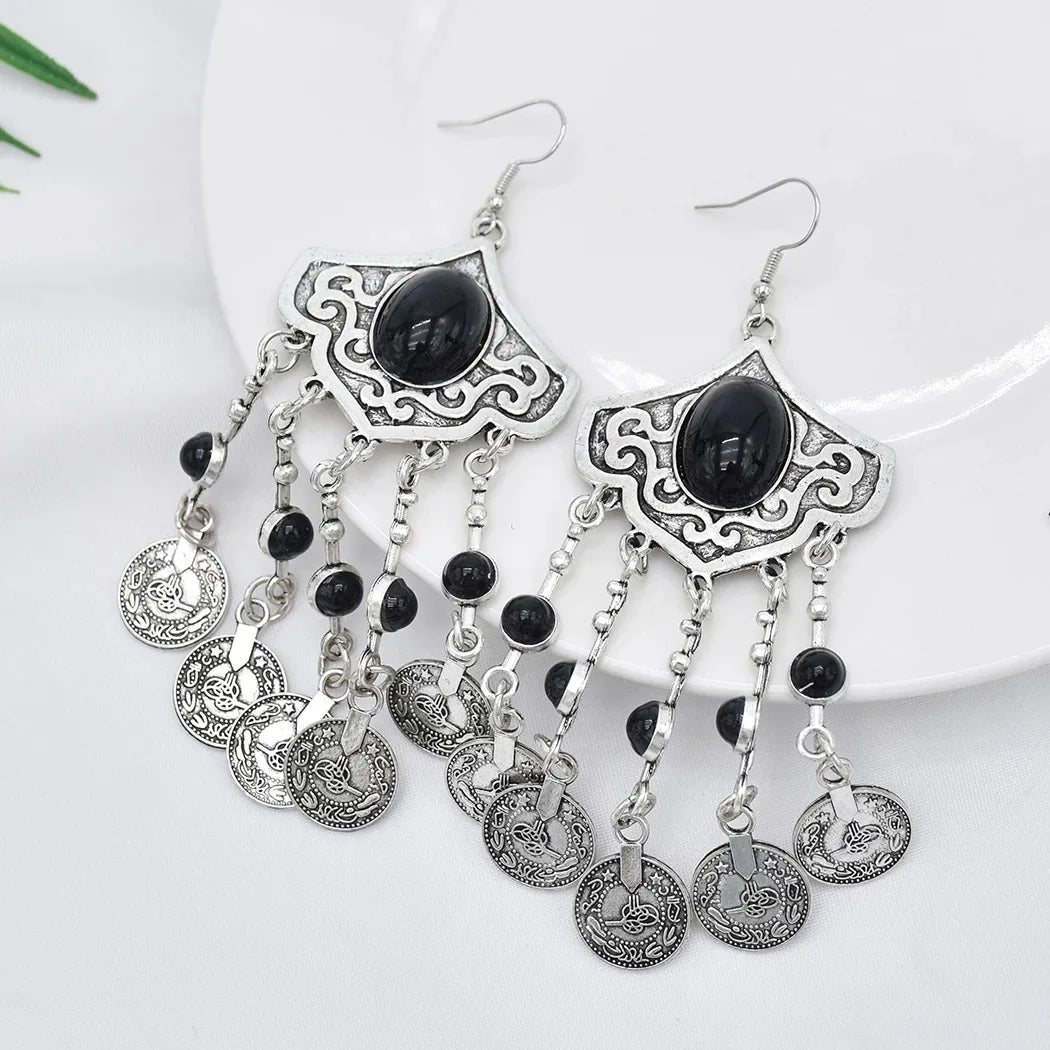 Boho Ethnic Long Coins Tassel Drop Earrings For Women Colorful Turquoise Geometric Carving Fashion Jewelry India Cypay Accessory