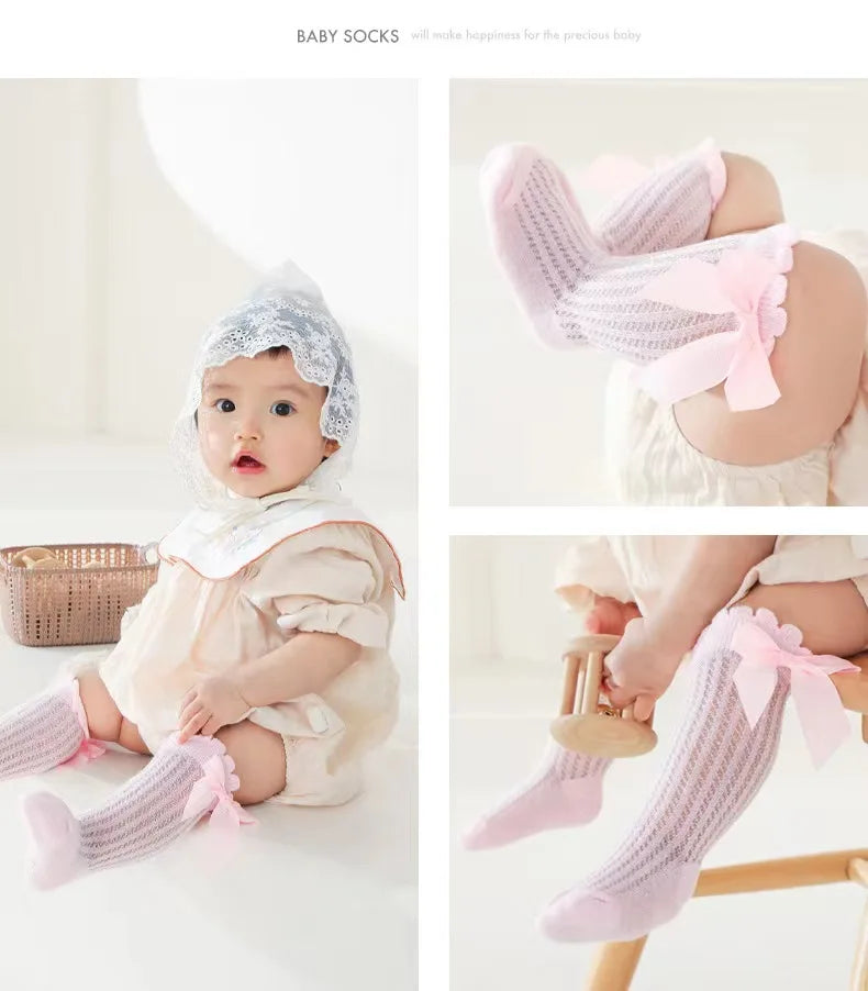 Summer Ultra-thin Mesh Socks Baby Girl Mosquito Resistant Knee Sock Cute Newborn Pink Bow Hollow Cotton Baby Clothes New Born