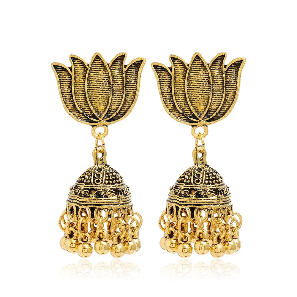 Indian Ethnic Style Boho Vintage Antique Alloy Carved Bell Tassels Drop Earrings Jhumki Jewelry For Women Party Accessories