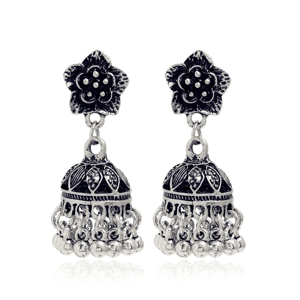 Indian Ethnic Style Boho Vintage Antique Alloy Carved Bell Tassels Drop Earrings Jhumki Jewelry For Women Party Accessories