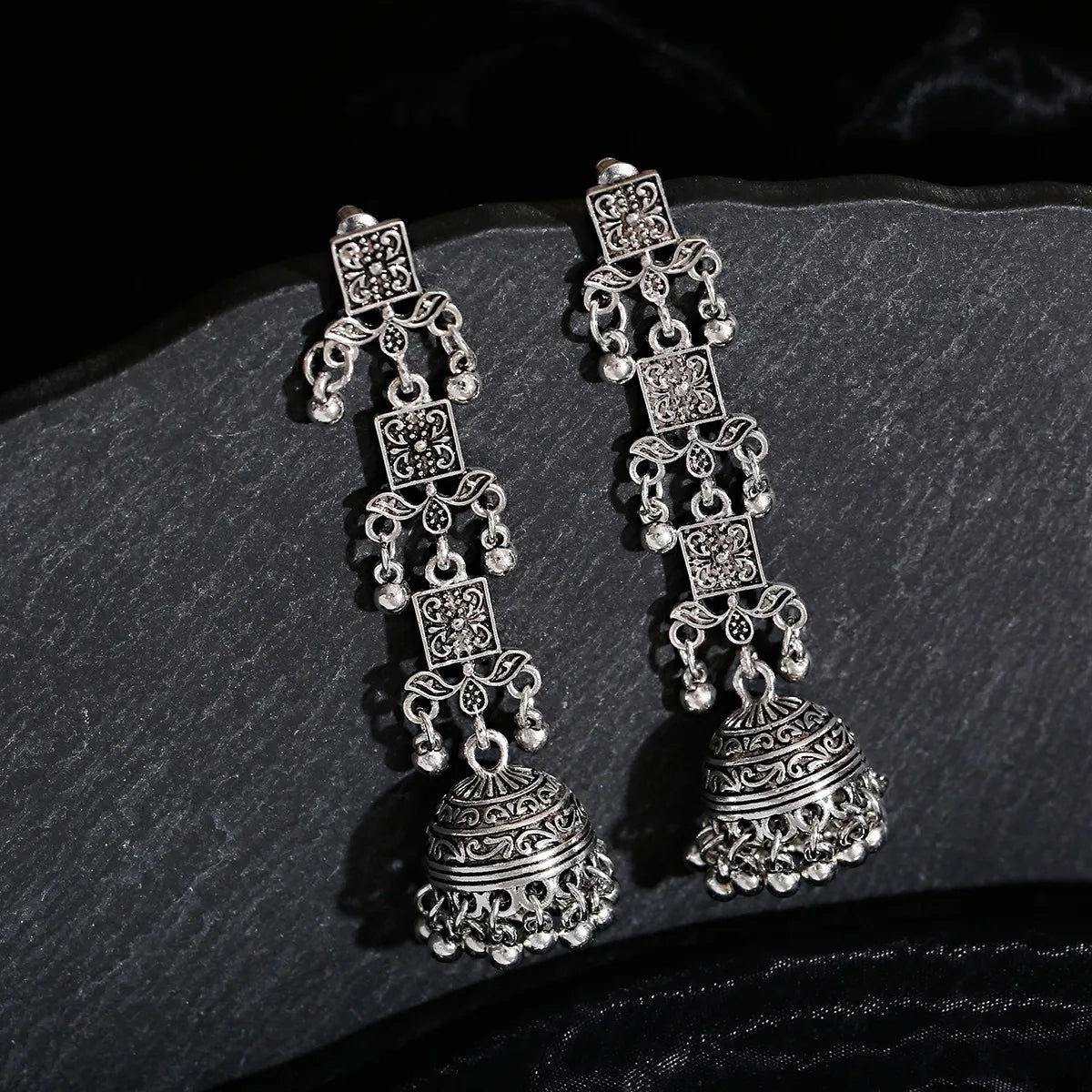 Retro Ethnic Silver Color Turkish Jhumka Earrings For Women Pendientes Pearl Tassel Classic Carved Indian Earrings Jewelry