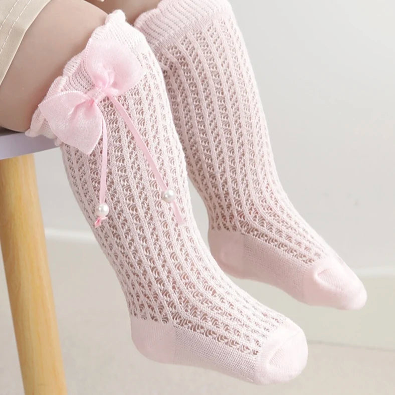Summer Ultra-thin Mesh Socks Baby Girl Mosquito Resistant Knee Sock Cute Newborn Pink Bow Hollow Cotton Baby Clothes New Born