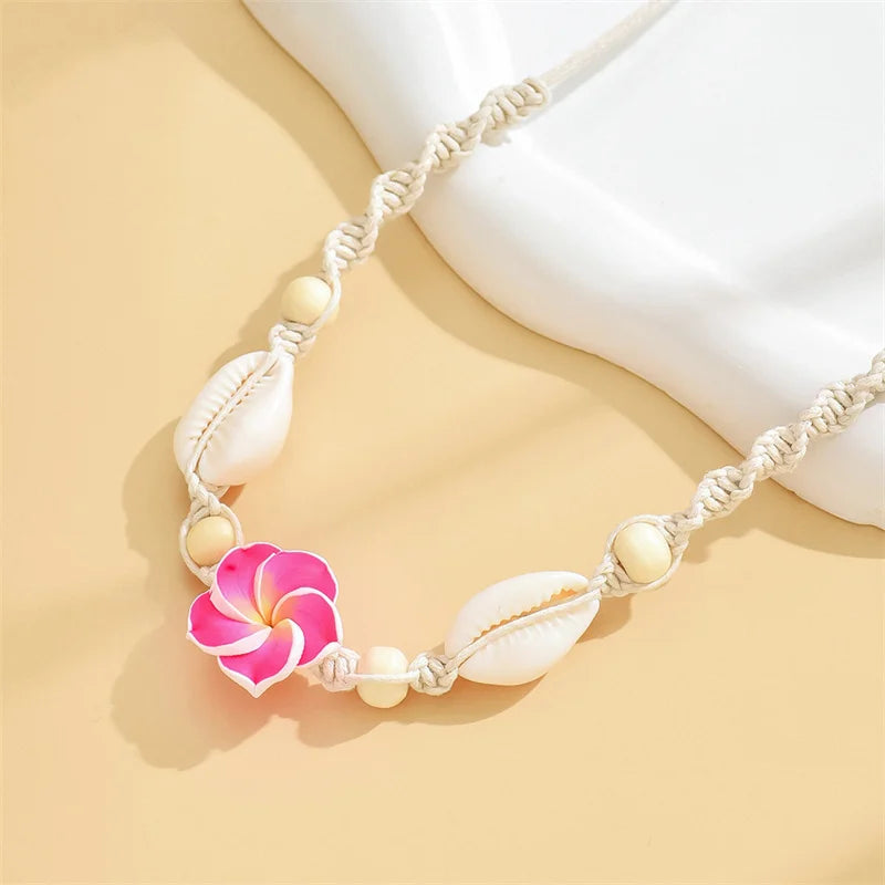 Bohemia Sea Shell Choker Necklace For Women Fashion Summer Sweet Flower Pendant Hand-woven Rope Neck Chain Jewelry Accessory