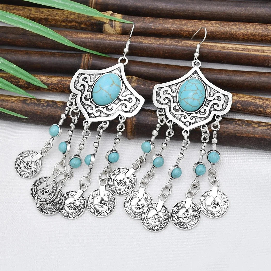 Boho Ethnic Long Coins Tassel Drop Earrings For Women Colorful Turquoise Geometric Carving Fashion Jewelry India Cypay Accessory