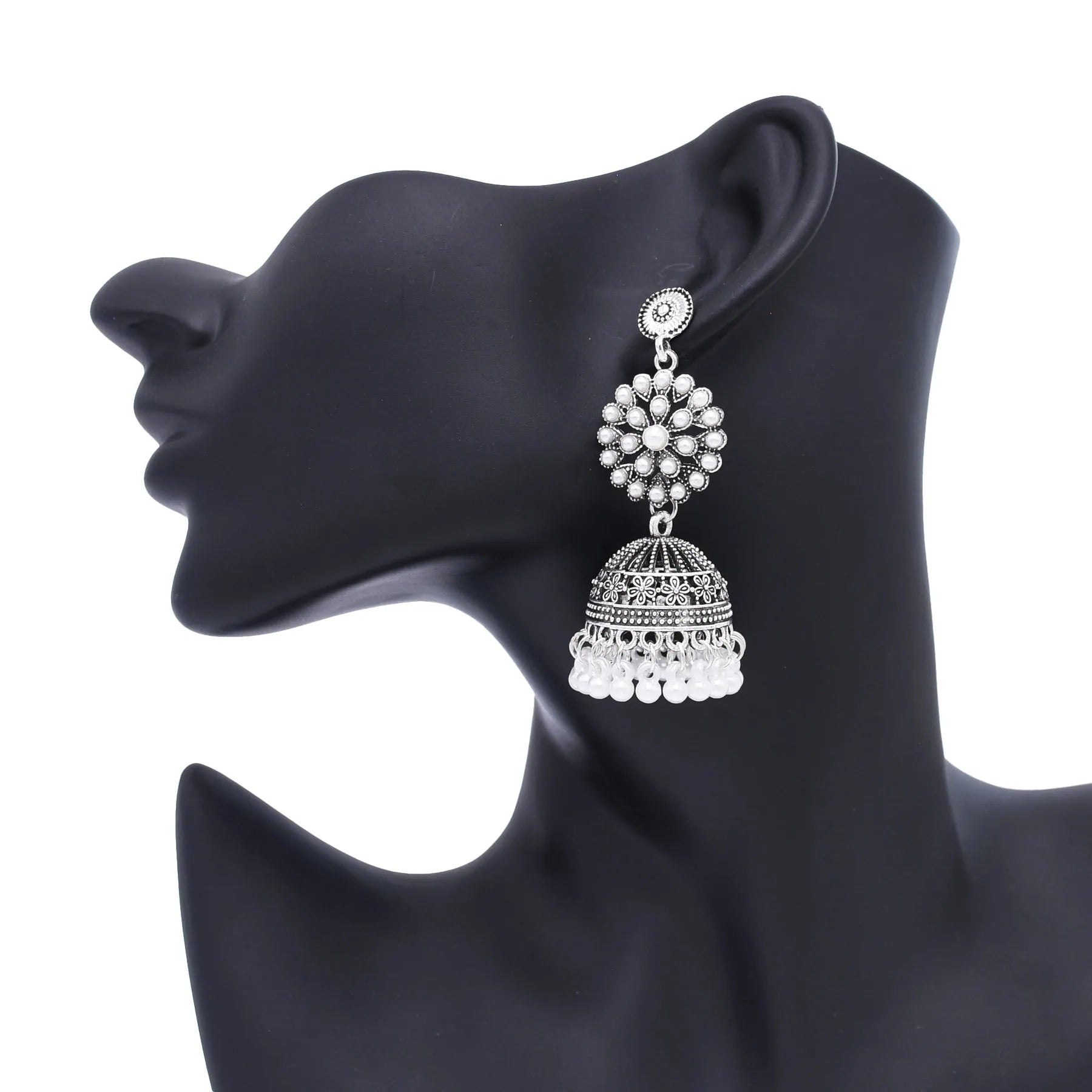 Traditional Indian Jhumka Earrings for Women Vintage Golden Silvery Bell Peacock Pearl Beads Pendant Earrings Turkish Jewelry