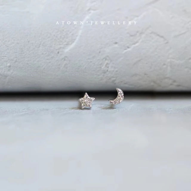 Simple Piercing Stud Earrings for Women Star Moon Zircon 925 Silver Needles Tragus Cartilage Asymmetry Pendiente Plata Jewelry