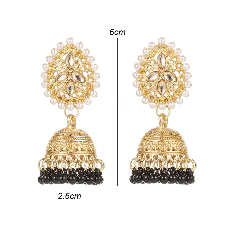 Vintage Waterdrop Design Inlaid Pearl Rhinestone Indian Earrings for Women Ethnic Boho Carved Small Bell Earrings Jhumka Jewelry