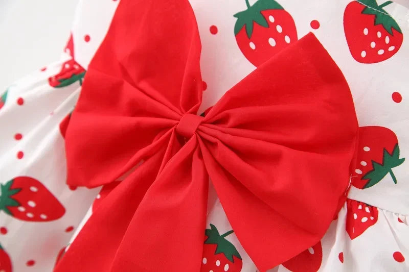 Summer Baby Girl Dress Sweet Hanging Strap Strawberry Print Big Bow Cotton Cloth Dress Comes with Same Hat as a Gift