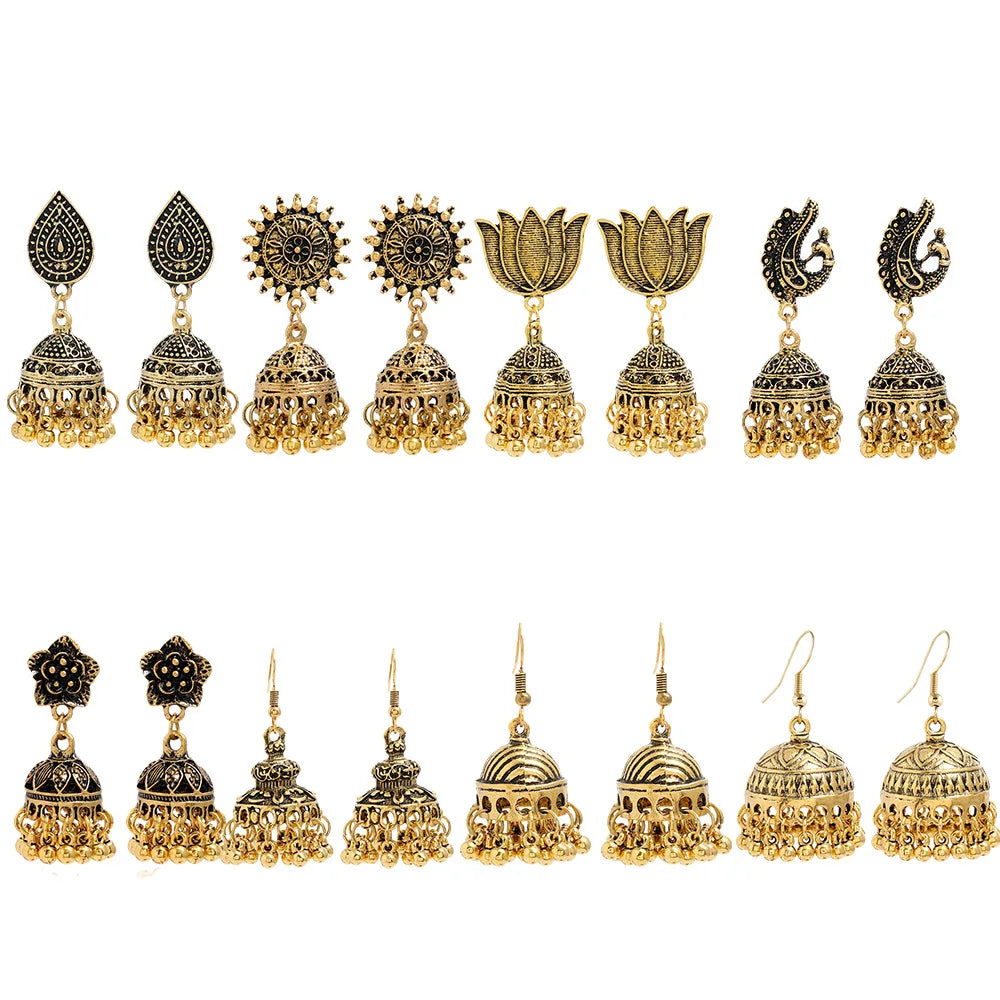 New Fashion Ethnic Style Alloy Retro Carved Beads Tassels Earrings Indian Jhumka Jewelry Women Daily Accessories