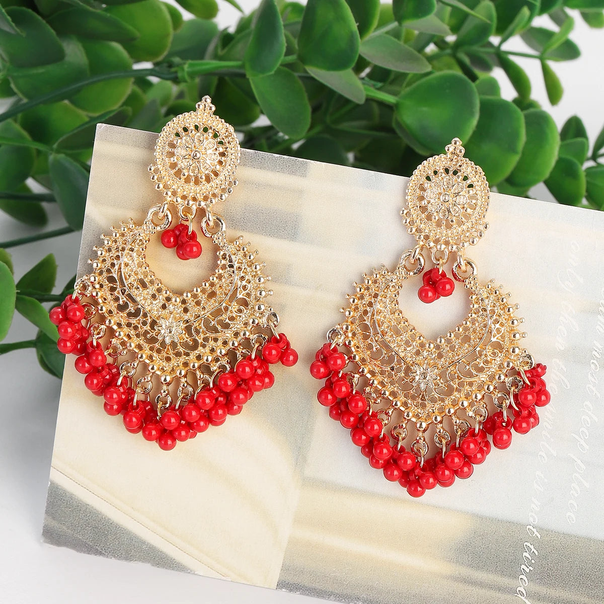 Boho Gold Color Heart Shape Carved Flower Dangle Earrings for Women Indian Jhumka Earrings Retro Pink Beads Tassel Jewelry 2023
