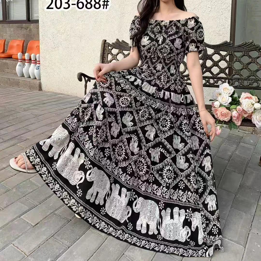 THHONE Vestidos Robe Maxi Long Dress Women Summer Indian Clothes Bohemian Cotton Linen Floral Short Sleeve Korean Style Casual