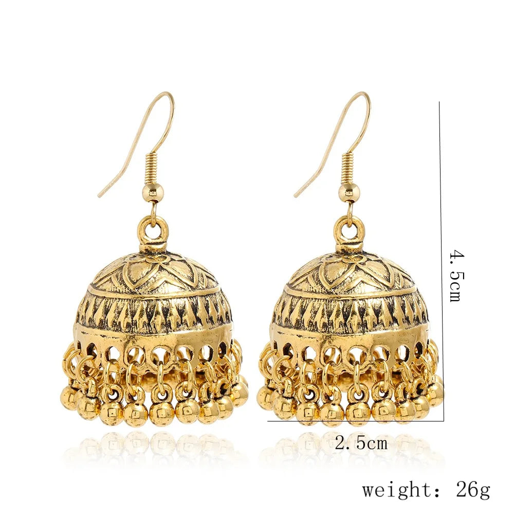 New Fashion Ethnic Style Alloy Retro Carved Beads Tassels Earrings Indian Jhumka Jewelry Women Daily Accessories
