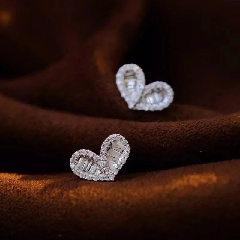 Huitan Exquisite Heart Stud Earrings with Geometric Cubic Zirconia Bling Piercing Accessories for Women Daily Wear Chic Jewelry