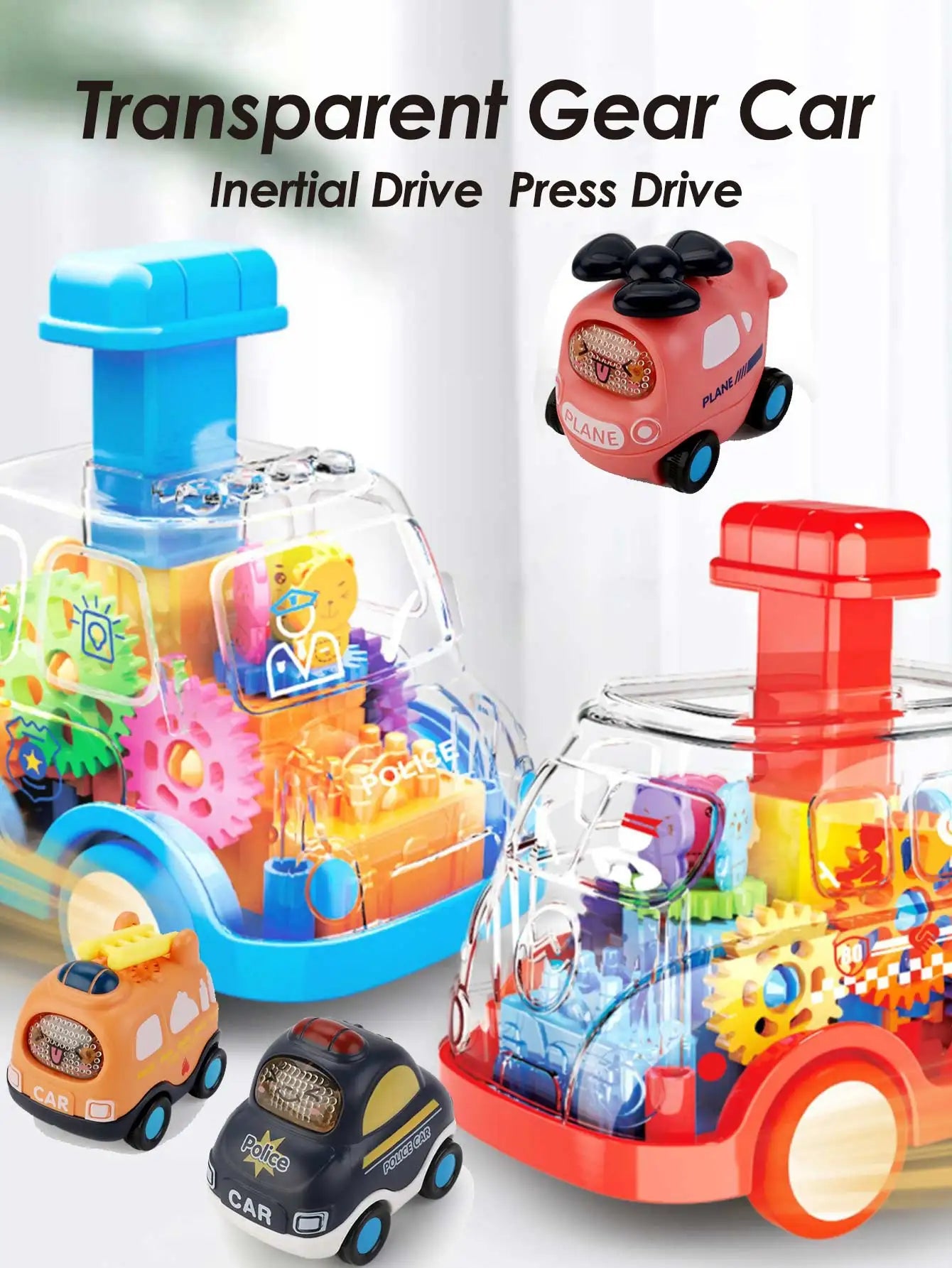 Children's Cartoon Press Gear Car Toy Lnertia Pull-back Transparent Car Baby Puzzle sliding Toy child Boy Girl 1-3 Year old Gift
