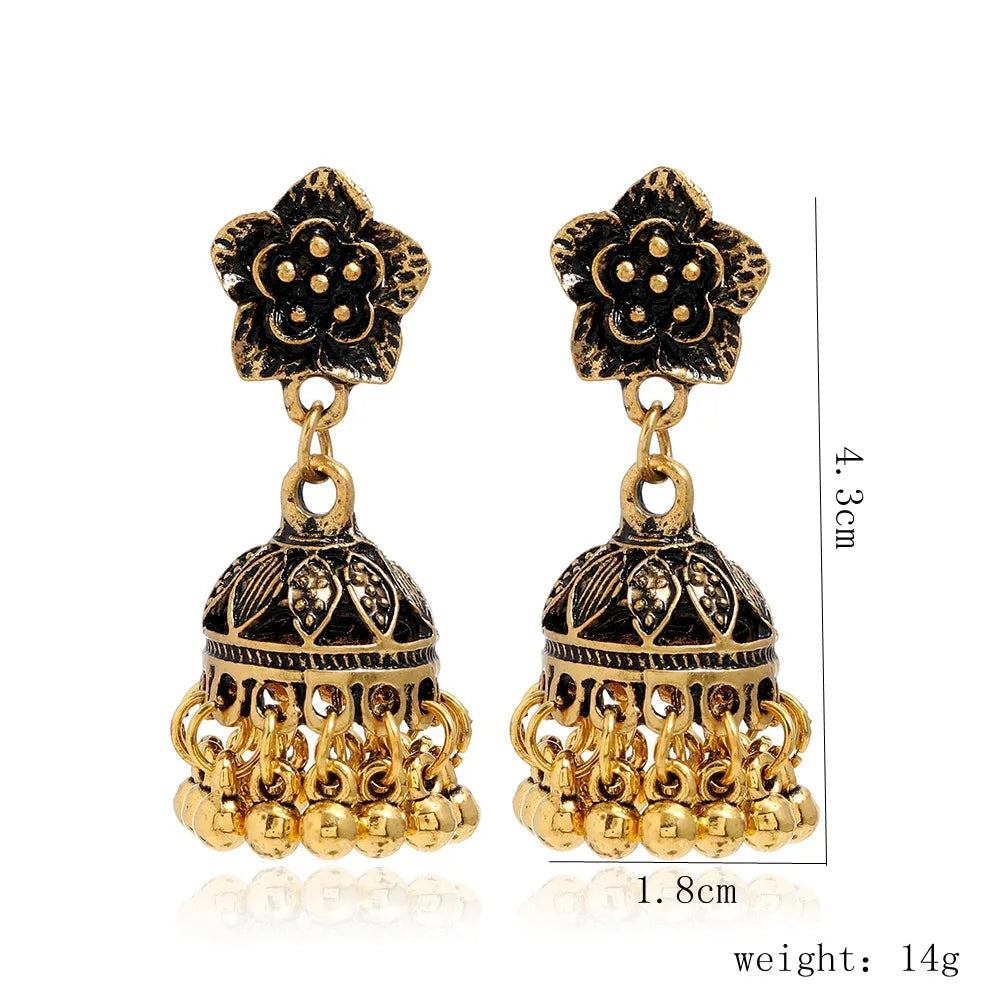New Fashion Ethnic Style Alloy Retro Carved Beads Tassels Earrings Indian Jhumka Jewelry Women Daily Accessories