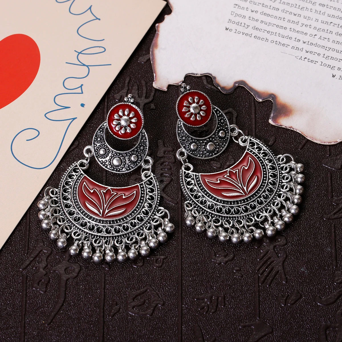Retro Ethnic Silver Color Turkish Jhumka Earrings For Women Pendientes Pearl Tassel Classic Carved Indian Earrings Jewelry