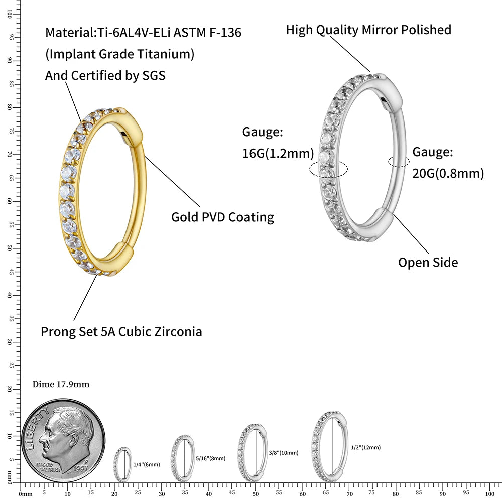 Right Grand ASTM F136 Titanium Slim Huggie Hoop Earring 16G CZ Cartilage Helix Earlobe Hinged Earring Piercing Body Jewelry