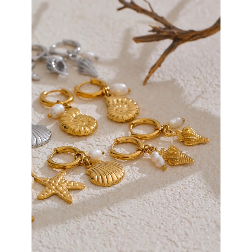 Yhpup Ocean Style Natural Pearl Conch Shell Starfish Drop Summer Hoop Earrings for Women Stainless Steel Holiday Daily Jewelry